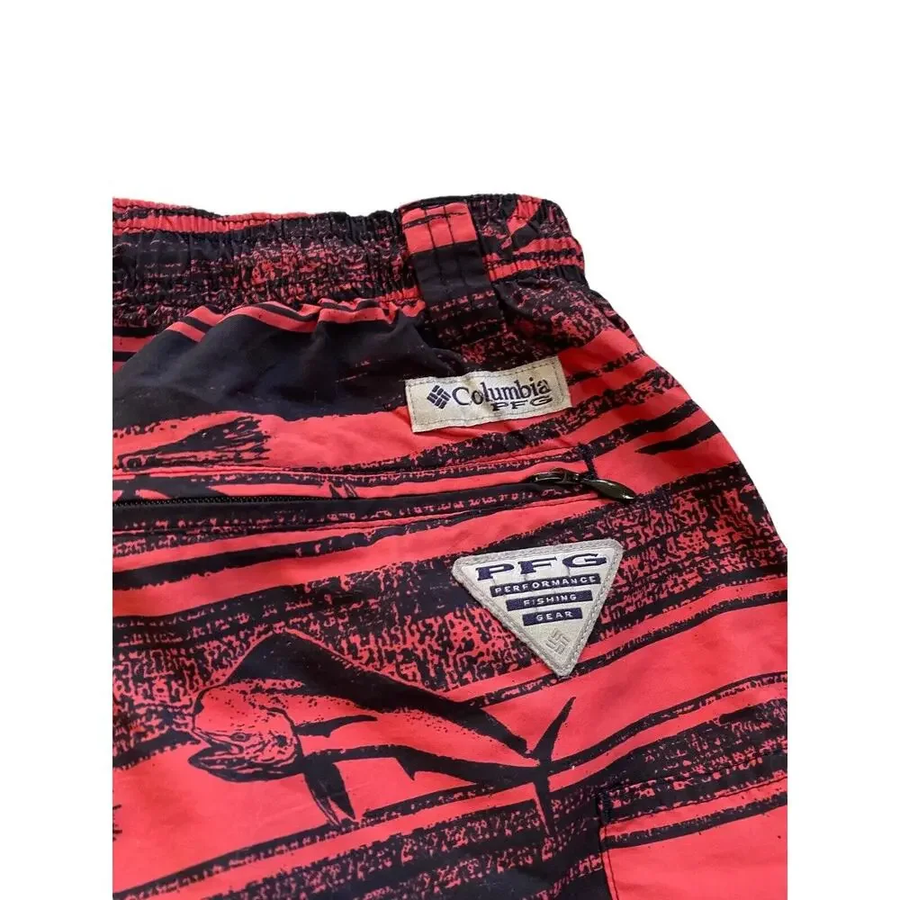 Columbia PFG Backcast II Swim Trunks Men M Red Blue Striped Shorts Nylon Fishing